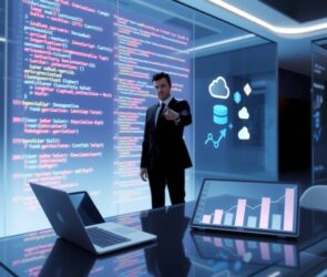 A photorealistic wide-angle shot of a sleek, modern office interior in 2026. The scene is dominated by a large transparent holographic display showing cascading lines of glowing code in multiple colors, representing Python, JavaScript, and Rust. Floating 3D icons of database servers and cloud symbols hover nearby. In the foreground, a blurred silhouette of a professional in a suit points toward the display, while on a glass desk, a laptop and a digital tablet display graphs of rising salary curves. The lighting is cool blue and white, with soft reflections on polished surfaces. No text, no faces.