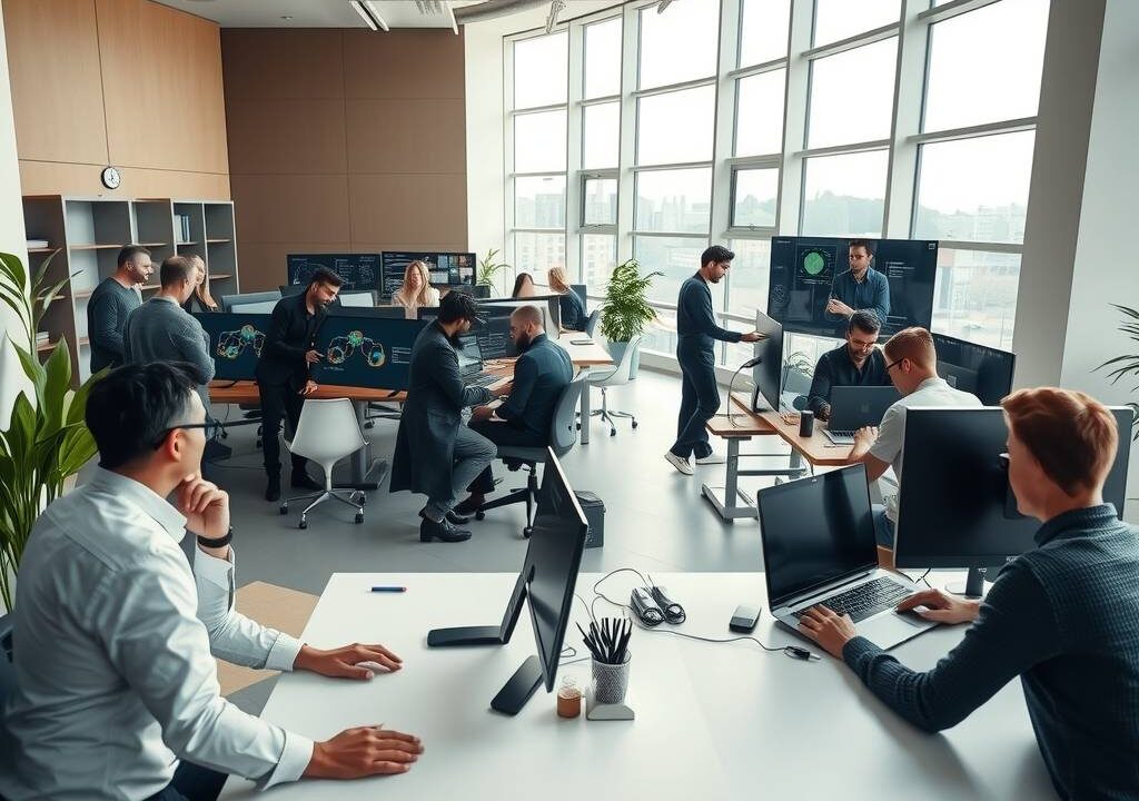 A photorealistic wide-angle shot of a modern, open-plan tech office in Germany, 2026. Soft natural light streams through floor-to-ceiling windows, illuminating a diverse team of developers and engineers collaborating at sleek standing desks. In the foreground, a cloud architect’s dual monitors display Kubernetes clusters and cloud infrastructure diagrams, while nearby, an AI specialist works on a neural network visualization. In the background, a cybersecurity team huddles over a screen showing network topology, with a DevOps engineer reviewing a CI/CD pipeline on a large wall display. The space is clean, minimalist, with plants, sound-absorbing panels, and subtle blue ambient lighting. No text, no faces, no logos. Photorealistic, 16:9 aspect ratio.