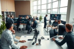 A photorealistic wide-angle shot of a modern, open-plan tech office in Germany, 2026. Soft natural light streams through floor-to-ceiling windows, illuminating a diverse team of developers and engineers collaborating at sleek standing desks. In the foreground, a cloud architect’s dual monitors display Kubernetes clusters and cloud infrastructure diagrams, while nearby, an AI specialist works on a neural network visualization. In the background, a cybersecurity team huddles over a screen showing network topology, with a DevOps engineer reviewing a CI/CD pipeline on a large wall display. The space is clean, minimalist, with plants, sound-absorbing panels, and subtle blue ambient lighting. No text, no faces, no logos. Photorealistic, 16:9 aspect ratio.