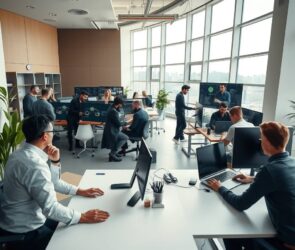 A photorealistic wide-angle shot of a modern, open-plan tech office in Germany, 2026. Soft natural light streams through floor-to-ceiling windows, illuminating a diverse team of developers and engineers collaborating at sleek standing desks. In the foreground, a cloud architect’s dual monitors display Kubernetes clusters and cloud infrastructure diagrams, while nearby, an AI specialist works on a neural network visualization. In the background, a cybersecurity team huddles over a screen showing network topology, with a DevOps engineer reviewing a CI/CD pipeline on a large wall display. The space is clean, minimalist, with plants, sound-absorbing panels, and subtle blue ambient lighting. No text, no faces, no logos. Photorealistic, 16:9 aspect ratio.