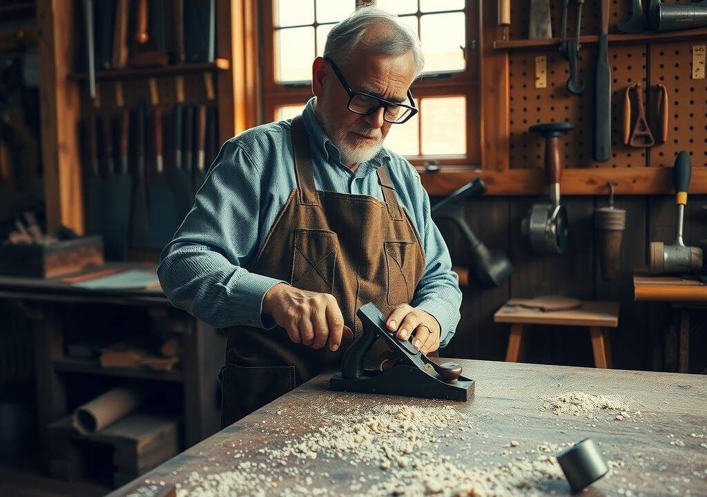 A wide, 16:9 editorial photograph captures the essence of traditional German craftsmanship in a sunlit, dust-filled workshop. The scene is centered on a middle-aged master carpenter, wearing a well-worn leather apron and safety glasses, his hands firmly guiding a hand plane across the edge of a solid oak workbench. Fine wood shavings curl and scatter across the scarred, time-darkened surface of the bench. In the background, the composition reveals a wall of meticulously organized hand tools—chisels, mallets, and saws—each hanging on a wooden pegboard, their metal parts catching soft, neutral daylight from a large, gridded window. The lighting is cool and ambient, with a subtle warmth from a single