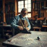 A wide, 16:9 editorial photograph captures the essence of traditional German craftsmanship in a sunlit, dust-filled workshop. The scene is centered on a middle-aged master carpenter, wearing a well-worn leather apron and safety glasses, his hands firmly guiding a hand plane across the edge of a solid oak workbench. Fine wood shavings curl and scatter across the scarred, time-darkened surface of the bench. In the background, the composition reveals a wall of meticulously organized hand tools—chisels, mallets, and saws—each hanging on a wooden pegboard, their metal parts catching soft, neutral daylight from a large, gridded window. The lighting is cool and ambient, with a subtle warmth from a single