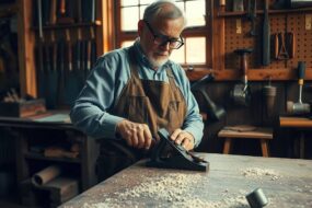 A wide, 16:9 editorial photograph captures the essence of traditional German craftsmanship in a sunlit, dust-filled workshop. The scene is centered on a middle-aged master carpenter, wearing a well-worn leather apron and safety glasses, his hands firmly guiding a hand plane across the edge of a solid oak workbench. Fine wood shavings curl and scatter across the scarred, time-darkened surface of the bench. In the background, the composition reveals a wall of meticulously organized hand tools—chisels, mallets, and saws—each hanging on a wooden pegboard, their metal parts catching soft, neutral daylight from a large, gridded window. The lighting is cool and ambient, with a subtle warmth from a single