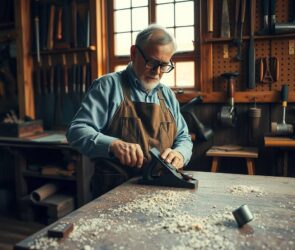 A wide, 16:9 editorial photograph captures the essence of traditional German craftsmanship in a sunlit, dust-filled workshop. The scene is centered on a middle-aged master carpenter, wearing a well-worn leather apron and safety glasses, his hands firmly guiding a hand plane across the edge of a solid oak workbench. Fine wood shavings curl and scatter across the scarred, time-darkened surface of the bench. In the background, the composition reveals a wall of meticulously organized hand tools—chisels, mallets, and saws—each hanging on a wooden pegboard, their metal parts catching soft, neutral daylight from a large, gridded window. The lighting is cool and ambient, with a subtle warmth from a single