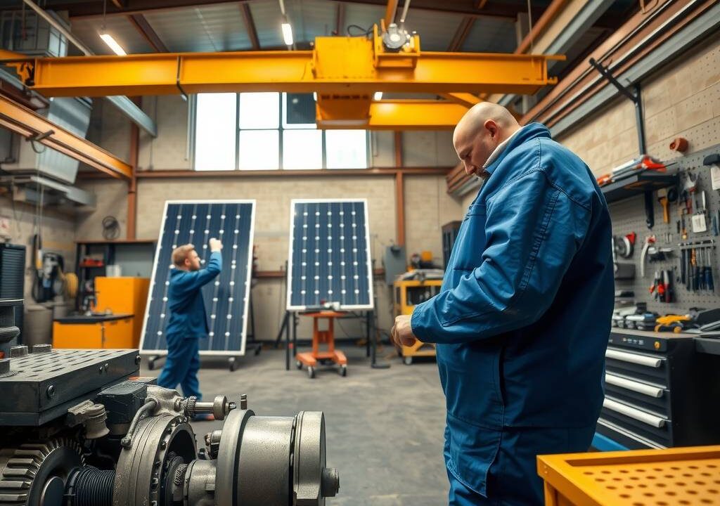 A photorealistic wide-angle shot of a modern German workshop interior, with a skilled craftsperson in blue coveralls working on an advanced industrial machine, while in the background another worker adjusts a complex pipe system near a solar panel installation. The scene includes a large overhead crane and neatly organized tools on pegboards, with warm overhead lighting casting soft shadows. The atmosphere is focused and professional, highlighting precision, industry, and the backbone of the economy. 16:9 aspect ratio, no text, no visible faces.