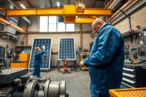 A photorealistic wide-angle shot of a modern German workshop interior, with a skilled craftsperson in blue coveralls working on an advanced industrial machine, while in the background another worker adjusts a complex pipe system near a solar panel installation. The scene includes a large overhead crane and neatly organized tools on pegboards, with warm overhead lighting casting soft shadows. The atmosphere is focused and professional, highlighting precision, industry, and the backbone of the economy. 16:9 aspect ratio, no text, no visible faces.