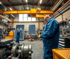 A photorealistic wide-angle shot of a modern German workshop interior, with a skilled craftsperson in blue coveralls working on an advanced industrial machine, while in the background another worker adjusts a complex pipe system near a solar panel installation. The scene includes a large overhead crane and neatly organized tools on pegboards, with warm overhead lighting casting soft shadows. The atmosphere is focused and professional, highlighting precision, industry, and the backbone of the economy. 16:9 aspect ratio, no text, no visible faces.