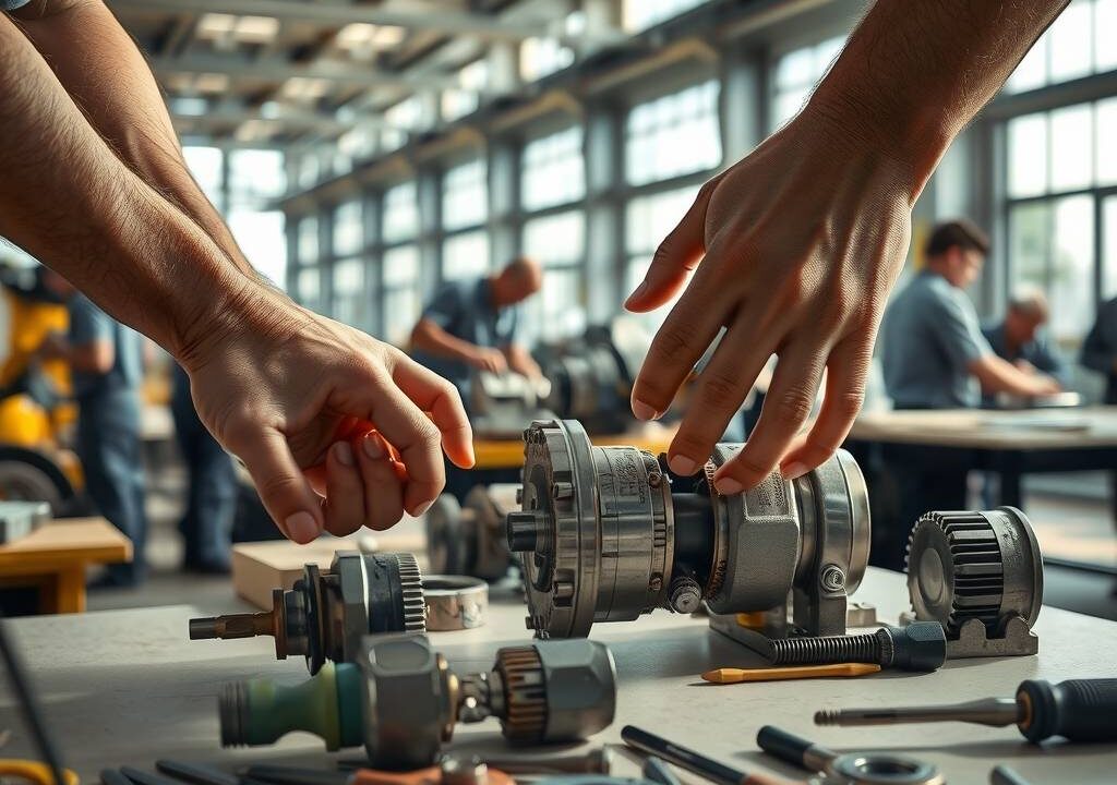A pair of strong, weathered hands carefully assembling a complex piece of machinery in a sunlit German workshop. In the foreground, precision tools and metal components rest on a clean workbench. The background shows a spacious, modern industrial hall with large windows, where other skilled workers are focused on their tasks. Soft natural light highlights the craftsmanship and attention to detail. The atmosphere is professional, stable, and forward-looking, reflecting tradition and innovation. No people’s faces are visible.