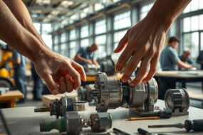 A pair of strong, weathered hands carefully assembling a complex piece of machinery in a sunlit German workshop. In the foreground, precision tools and metal components rest on a clean workbench. The background shows a spacious, modern industrial hall with large windows, where other skilled workers are focused on their tasks. Soft natural light highlights the craftsmanship and attention to detail. The atmosphere is professional, stable, and forward-looking, reflecting tradition and innovation. No people’s faces are visible.
