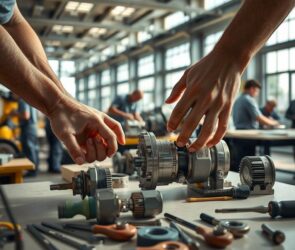 A pair of strong, weathered hands carefully assembling a complex piece of machinery in a sunlit German workshop. In the foreground, precision tools and metal components rest on a clean workbench. The background shows a spacious, modern industrial hall with large windows, where other skilled workers are focused on their tasks. Soft natural light highlights the craftsmanship and attention to detail. The atmosphere is professional, stable, and forward-looking, reflecting tradition and innovation. No people’s faces are visible.