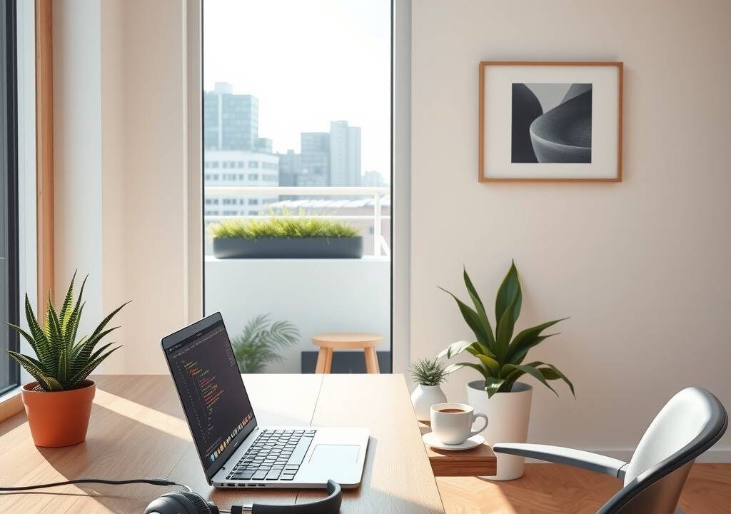 A modern, sunlit home office in a sleek German apartment overlooking a city skyline, 2026. A minimalist wooden desk holds a laptop displaying a code editor and a digital calendar, with a small succulent and a steaming coffee cup nearby. An ergonomic chair is slightly pulled out, suggesting recent use. Soft natural light streams through large windows, casting gentle shadows on a clean white wall with a single framed abstract print. A noise-canceling headset rests on the desk edge. The atmosphere is calm, productive, and professional, with a subtle view of a green rooftop garden outside. Photorealistic, 16:9, no text, no faces.