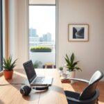 A modern, sunlit home office in a sleek German apartment overlooking a city skyline, 2026. A minimalist wooden desk holds a laptop displaying a code editor and a digital calendar, with a small succulent and a steaming coffee cup nearby. An ergonomic chair is slightly pulled out, suggesting recent use. Soft natural light streams through large windows, casting gentle shadows on a clean white wall with a single framed abstract print. A noise-canceling headset rests on the desk edge. The atmosphere is calm, productive, and professional, with a subtle view of a green rooftop garden outside. Photorealistic, 16:9, no text, no faces.