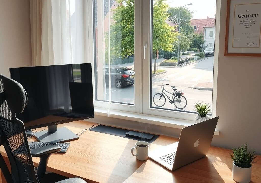 A photorealistic wide-angle shot of a modern, sunlit home office in Germany. A sleek wooden desk with a large monitor, a laptop, and a steaming coffee mug sits beside a window overlooking a quiet suburban street with trees and bicycles. On one side, an ergonomic chair; on the other, a small plant and a framed German certificate on the wall. The room blends Nordic minimalism with functional tech gear. Soft natural light, clean lines, no people, no text, 16:9 aspect ratio, photorealistic style.