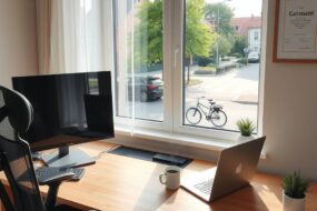 A photorealistic wide-angle shot of a modern, sunlit home office in Germany. A sleek wooden desk with a large monitor, a laptop, and a steaming coffee mug sits beside a window overlooking a quiet suburban street with trees and bicycles. On one side, an ergonomic chair; on the other, a small plant and a framed German certificate on the wall. The room blends Nordic minimalism with functional tech gear. Soft natural light, clean lines, no people, no text, 16:9 aspect ratio, photorealistic style.