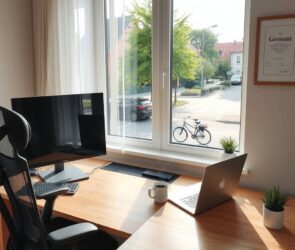 A photorealistic wide-angle shot of a modern, sunlit home office in Germany. A sleek wooden desk with a large monitor, a laptop, and a steaming coffee mug sits beside a window overlooking a quiet suburban street with trees and bicycles. On one side, an ergonomic chair; on the other, a small plant and a framed German certificate on the wall. The room blends Nordic minimalism with functional tech gear. Soft natural light, clean lines, no people, no text, 16:9 aspect ratio, photorealistic style.
