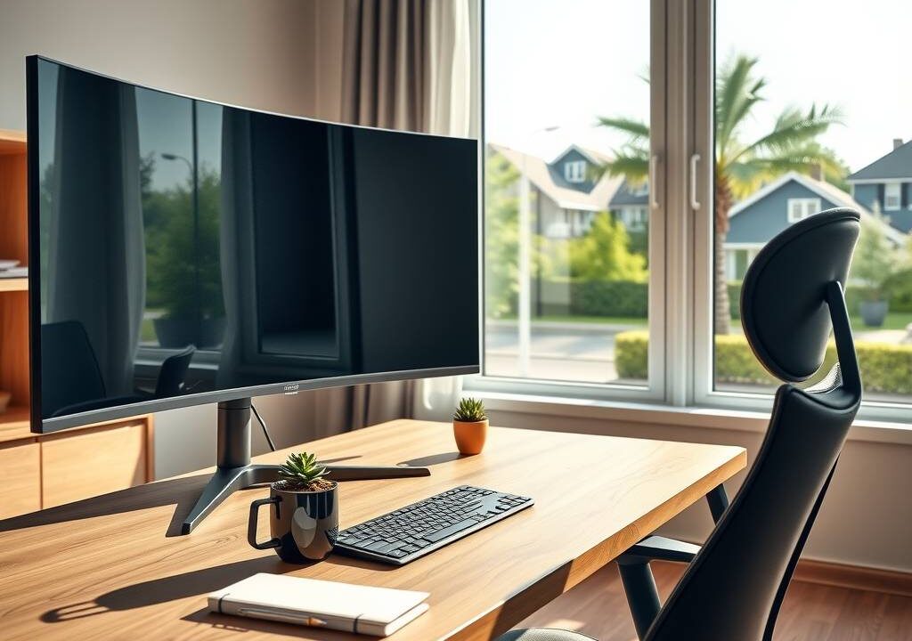 A photorealistic 16:9 image of a modern home office in Germany, 2026. A sleek wooden desk with a clean, minimalist design holds a large curved monitor, a wireless keyboard, and a steaming coffee mug. A small potted succulent sits on the desk, with a notebook and pen beside it. Natural daylight streams through a large window with a view of a calm suburban street and green trees, casting soft shadows. The room features warm neutral tones, a comfortable ergonomic chair, and a subtle bookshelf in the background. No people, no text, no faces.