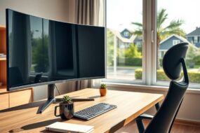 A photorealistic 16:9 image of a modern home office in Germany, 2026. A sleek wooden desk with a clean, minimalist design holds a large curved monitor, a wireless keyboard, and a steaming coffee mug. A small potted succulent sits on the desk, with a notebook and pen beside it. Natural daylight streams through a large window with a view of a calm suburban street and green trees, casting soft shadows. The room features warm neutral tones, a comfortable ergonomic chair, and a subtle bookshelf in the background. No people, no text, no faces.