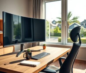 A photorealistic 16:9 image of a modern home office in Germany, 2026. A sleek wooden desk with a clean, minimalist design holds a large curved monitor, a wireless keyboard, and a steaming coffee mug. A small potted succulent sits on the desk, with a notebook and pen beside it. Natural daylight streams through a large window with a view of a calm suburban street and green trees, casting soft shadows. The room features warm neutral tones, a comfortable ergonomic chair, and a subtle bookshelf in the background. No people, no text, no faces.